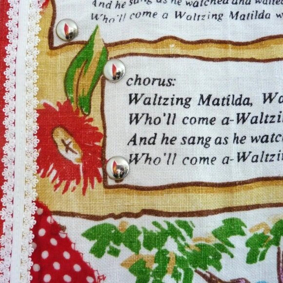 Fabric banner featuring Waltzing Mathilda with hand-made collage overlay, studs, - Picture 2 of 7